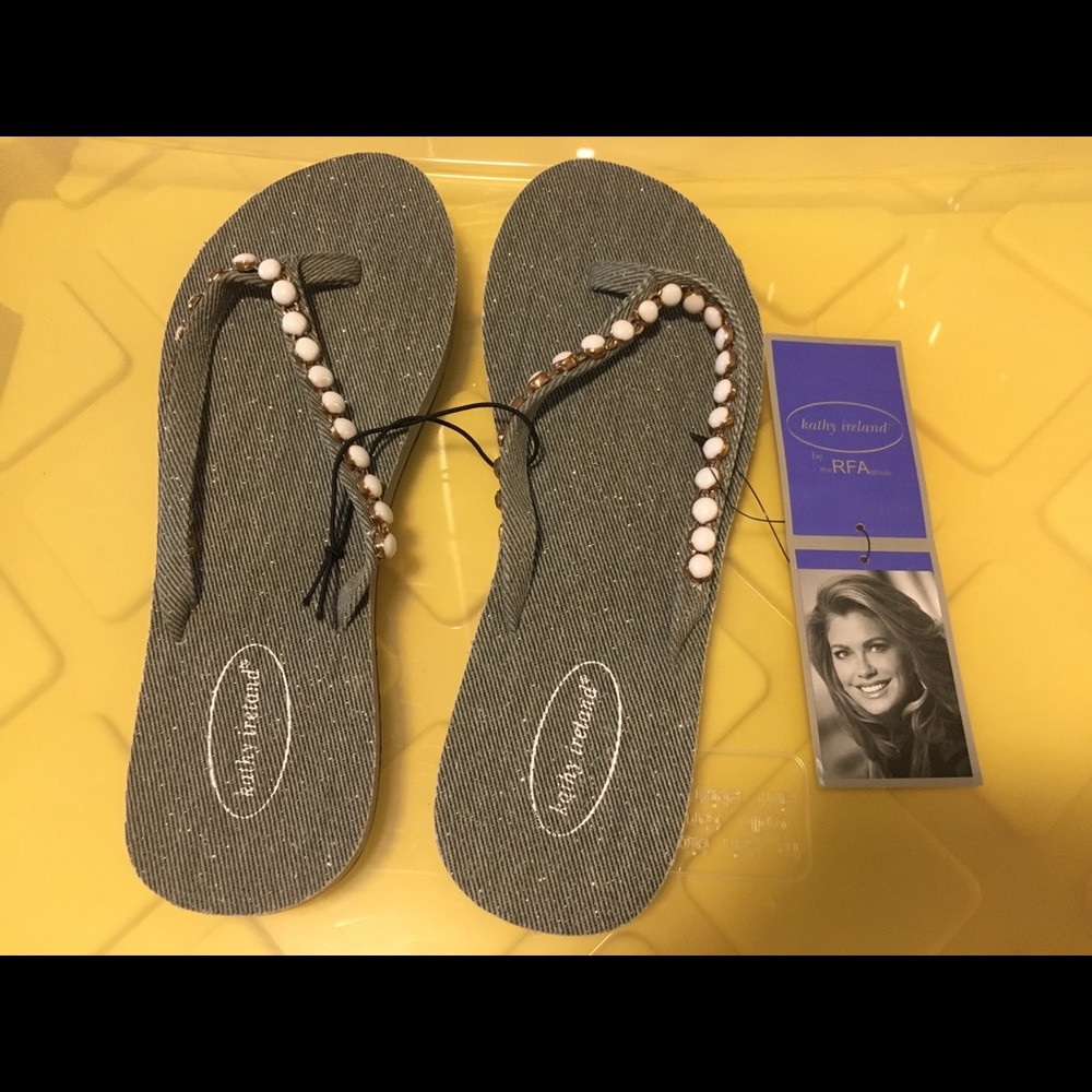 Kathy Ireland Grey, White Jewel Beaded Sandals NWT